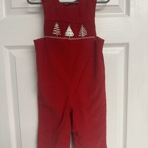 Kids Red Overalls with Embroidered Trees